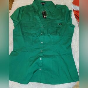 Express Women's Green Button Blouse Large